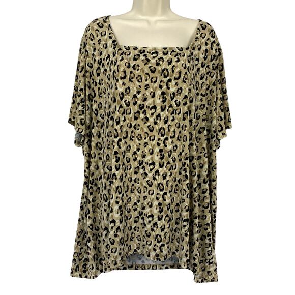 Susan Graver Liquid Knit Top Womens 4X Animal Print Cheetah Square Neck Brown - Picture 1 of 11